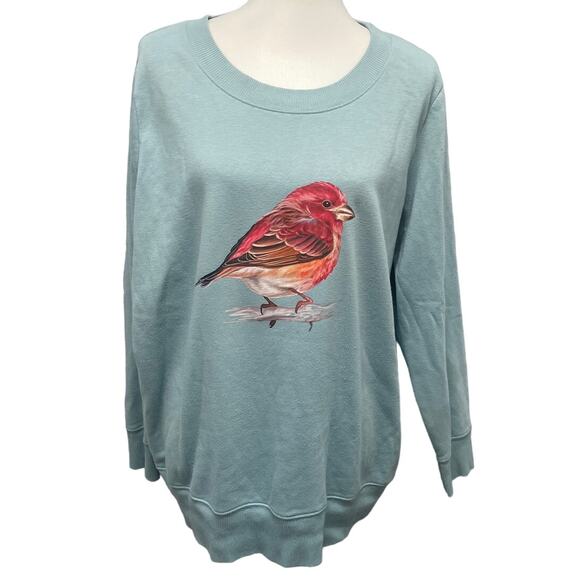Hand Printed Upcycled Womens 1X Red Finch Bird PolyCotton Crew Neck Sweatshirt - Picture 1 of 4